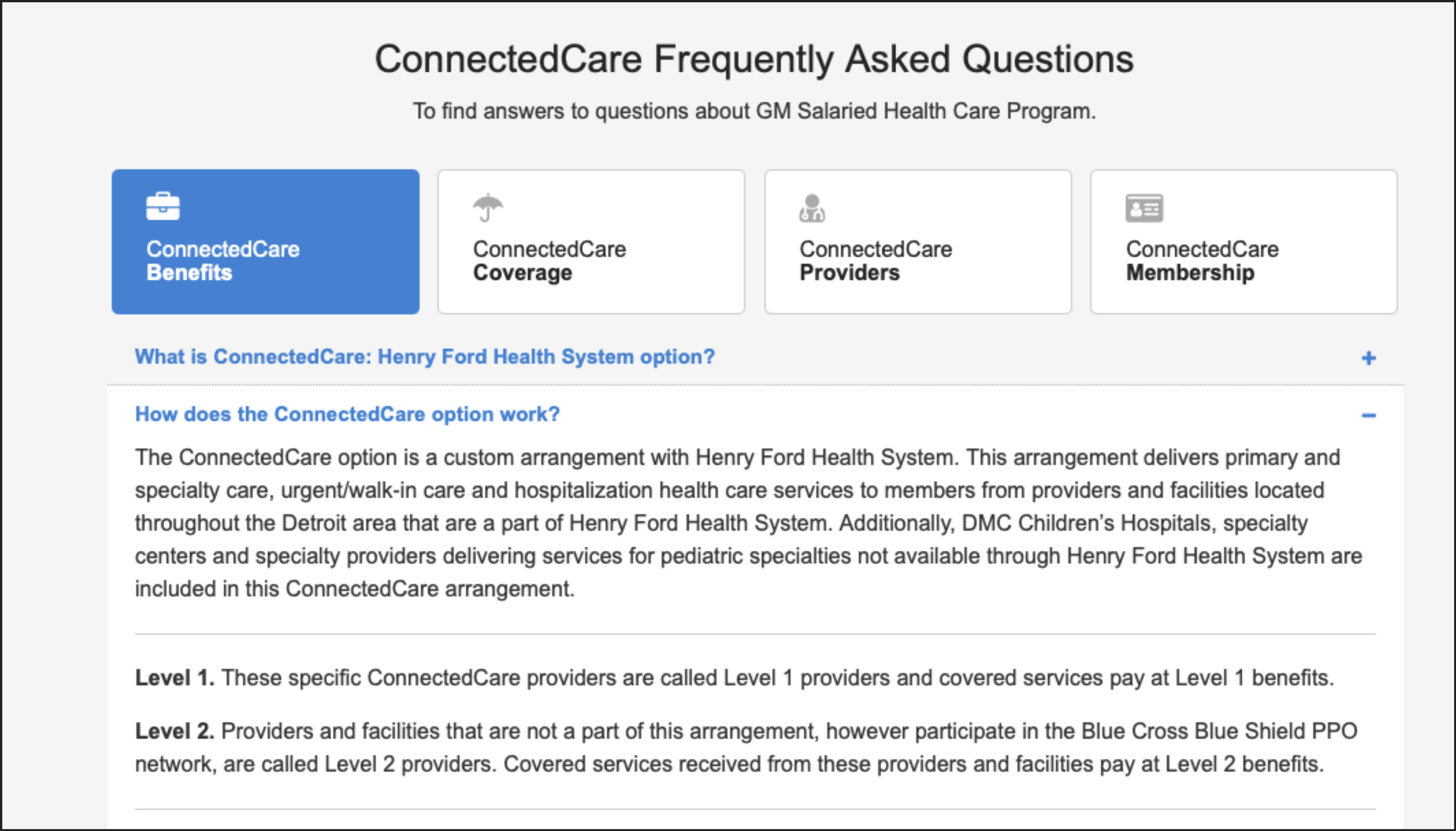 ConnectedCare FAQ organized into topic tabs: Benefits, Coverage, Providers, Membership