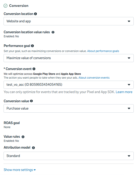 Conversion card in its default state, with a Show more settings link and no attribution field visible