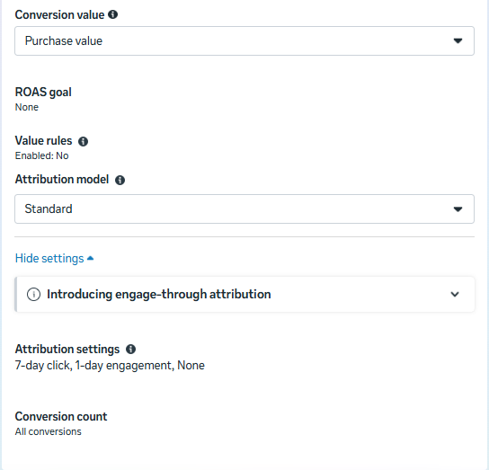 Conversion card expanded to show the attribution model field and an engage-through attribution note