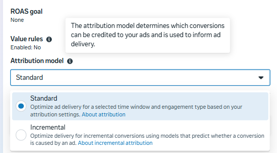 Attribution model field with an inline tooltip explaining what it controls, next to the Standard and Incremental options