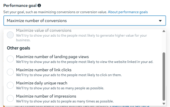 Performance goal dropdown showing Maximize daily unique reach among other goal options