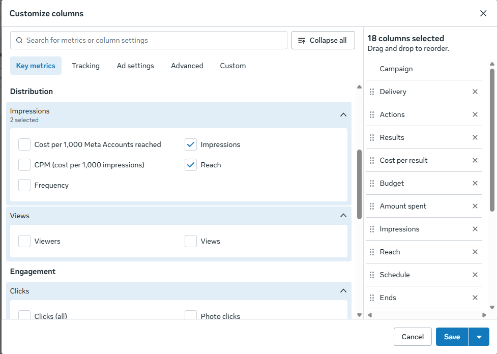 Customize columns modal with Reach and Impressions available as reporting columns