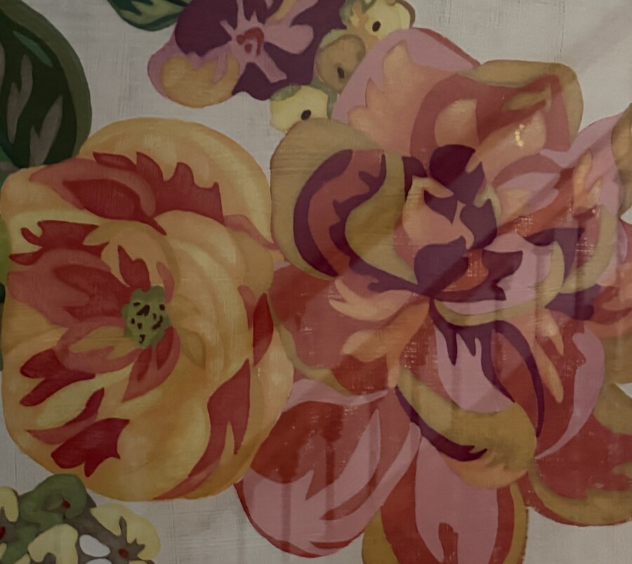 Painted floral print in coral, gold and pink